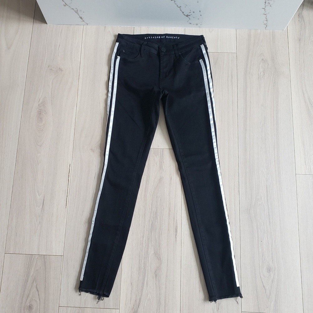 Articles of Society Jeans Womens 25 Black Tuxedo Stripe‎ Low Rise Raw Hem